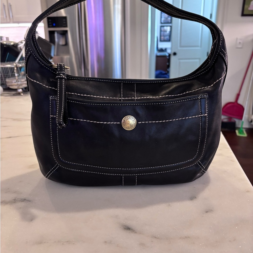 Coach Black Leather Shoulder Bag with Contrast Stitching